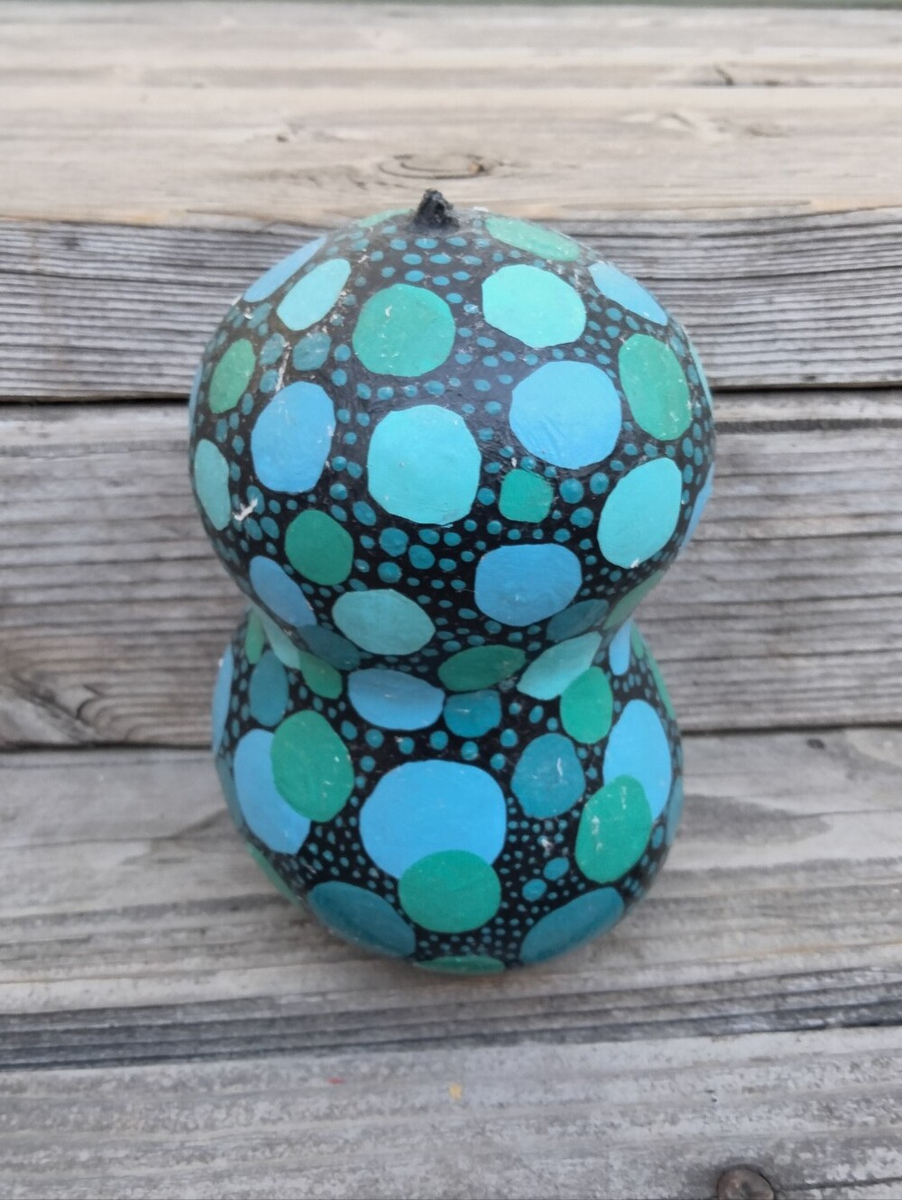 Hand Painted Teal and Aqua Dot Gourd Sculpture - Colorful Home Art 5.5" Height